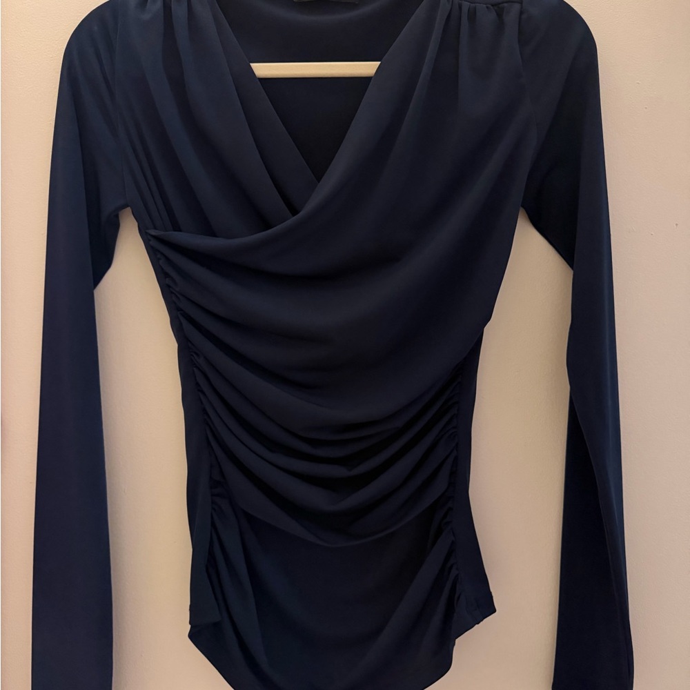 Zara Navy Draped Long-Sleeve Ruched Bodysuit
